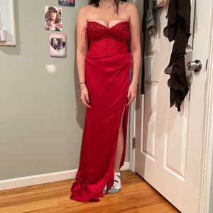 Red Strapless & Lace Back Prom Dress
